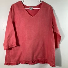 Womens Match Point V Neck Linen Tunic 3/4 sleeve Ruffle Hem S Orange