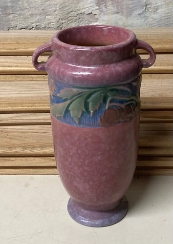 Vintage Roseville BANEDA Burgundy Pink Double Handles Vase 7 1/4" Pumpkin Vine