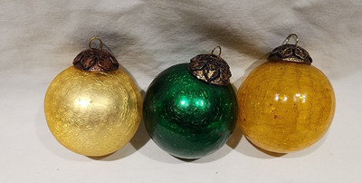 3 Crackle Glass Ornament Kugel Style Green Gold Yellow Vintage 2 5/8'' and 2 3/4''