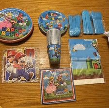 Mario bros. Birthday  Decorations W/plates,napkins, Forks & Spoons, Knives.
