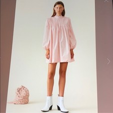 Ganni Weston Mini Pink Silver Floral Pintuck Dress Size 6 NWT