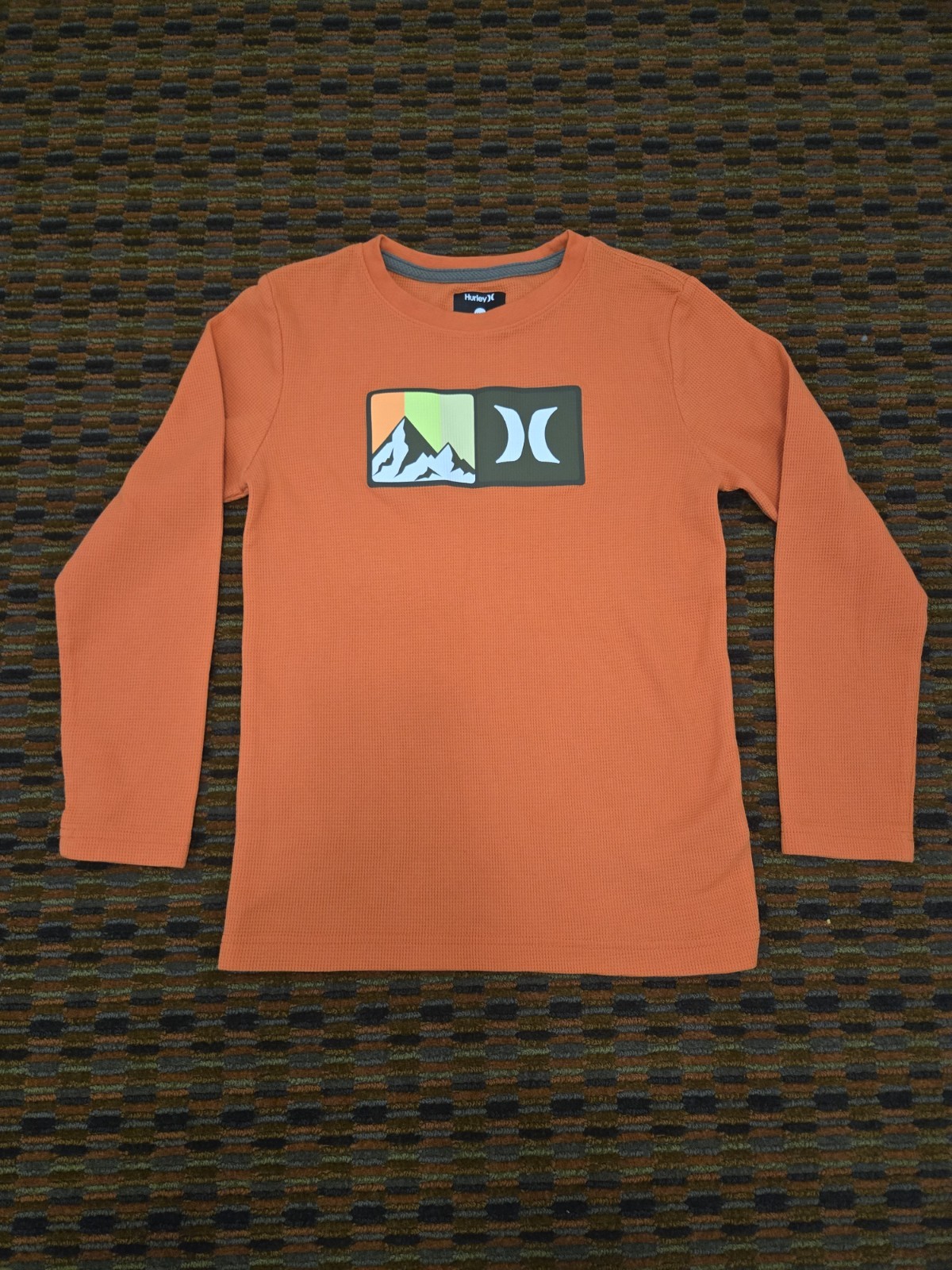 Hurley Youth Thermal Shirt Size 10/12 Orange Long Sleeve Waffle Knit Logo Tee