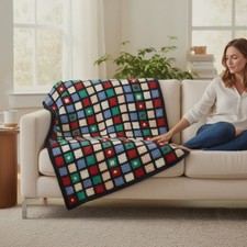 Vintage Granny Square Handmade Afghan Knitted Throw Blanket Multicolor 32”x43”