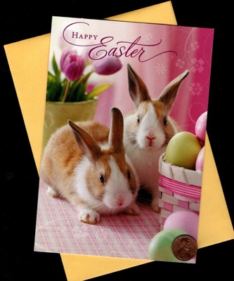 Easter Bunny Rabbits Eggs Pink Tulips - GLITTERED - Easter Greeting Card