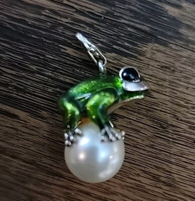 Thomas Sabo Frog On Faux Pearl Prince Pendant Charm Signed Green Enamel Cute