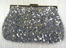 Gray clutch evening bag purse clear shimmery sequins silver top clasp no strap