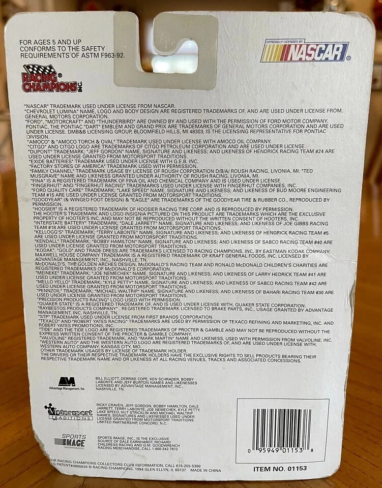 Racing Champions #20 Randy Lajoie 1994 escala 1:64 Die Cast Stock Car azul blanco Foto 3 de 3