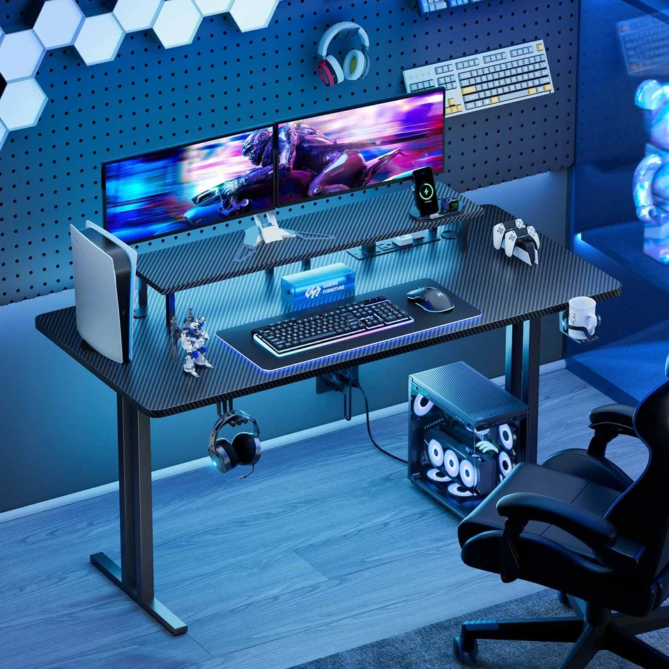 Gaming Desk with LED Lights & Power Outlets, Gamer Desk with Monitor Stand - Image 2 of 4