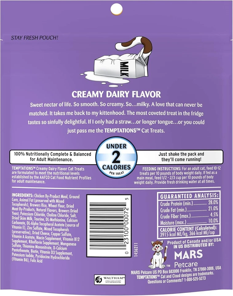 Классические хрустящие и мягкие кошачьи лакомства Temptations Mega 6.3 0z со сливочным молочным вкусом  - Изображение 2 из 4