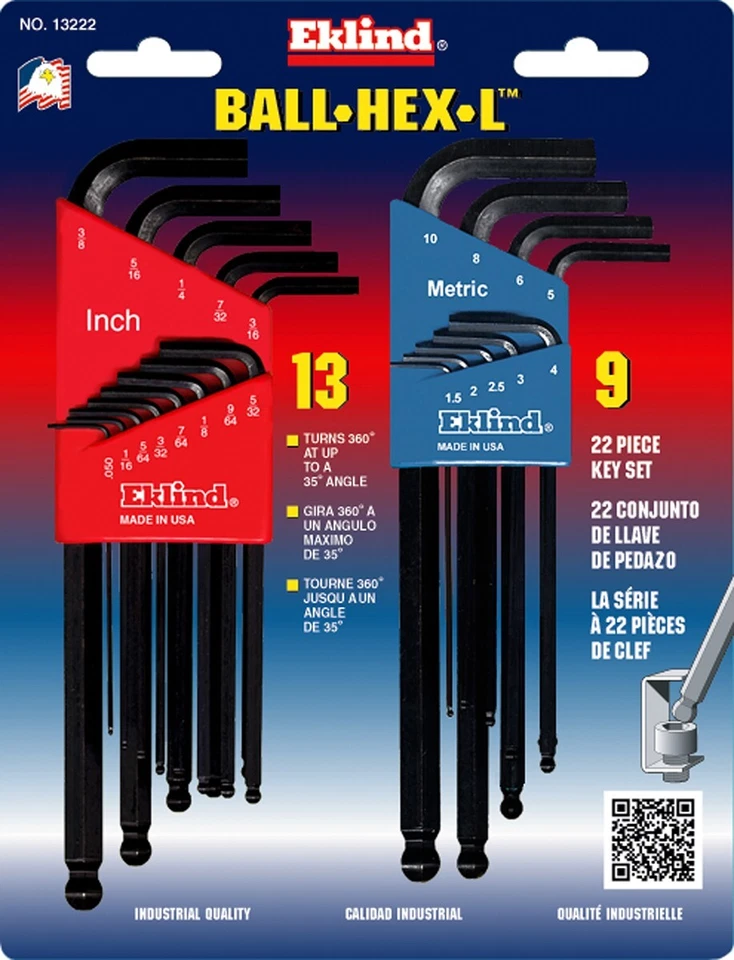 Eklind Ball End Hex Wrench Key Set 22pc Black Finish Metric SAE USA Inch 13222 - Image 2 of 4
