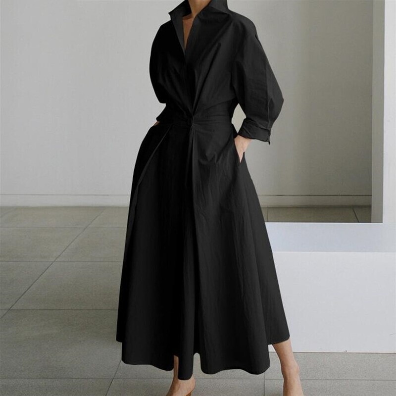 Women's Shirt Dress Casual Dress Swing Dress Maxi Long Dress Outdoor Office Holiday Basic Modern Shirt Collar Ruched Pocket Long Sleeve Summer Spring