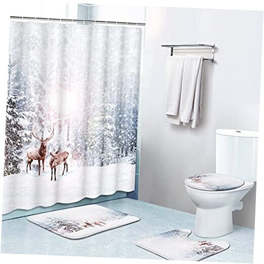 4 Piece Shower Curtain Sets, Christmas Forest Frost Winter Snowy Forest