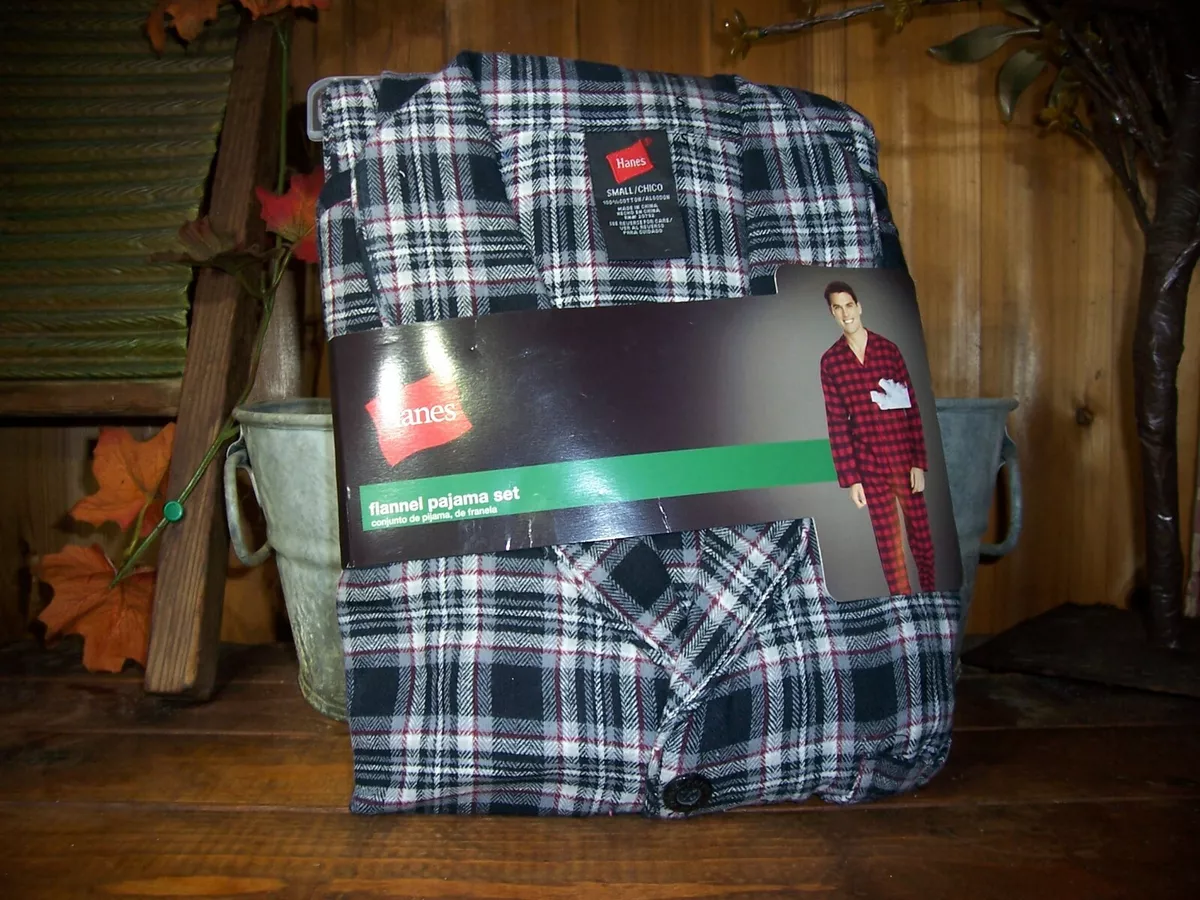 HANES MENS FLANNEL PAJAMA SHIRT PANT SET SIZE SMALL BLACK PLAID