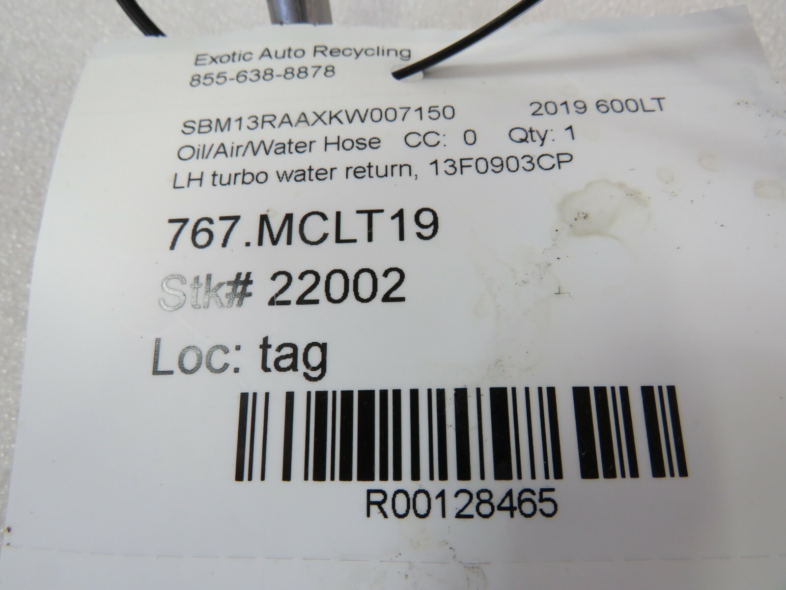 McLaren 600LT, LH, Left, Turbo Water Line, Used, P/N 13F0903CP