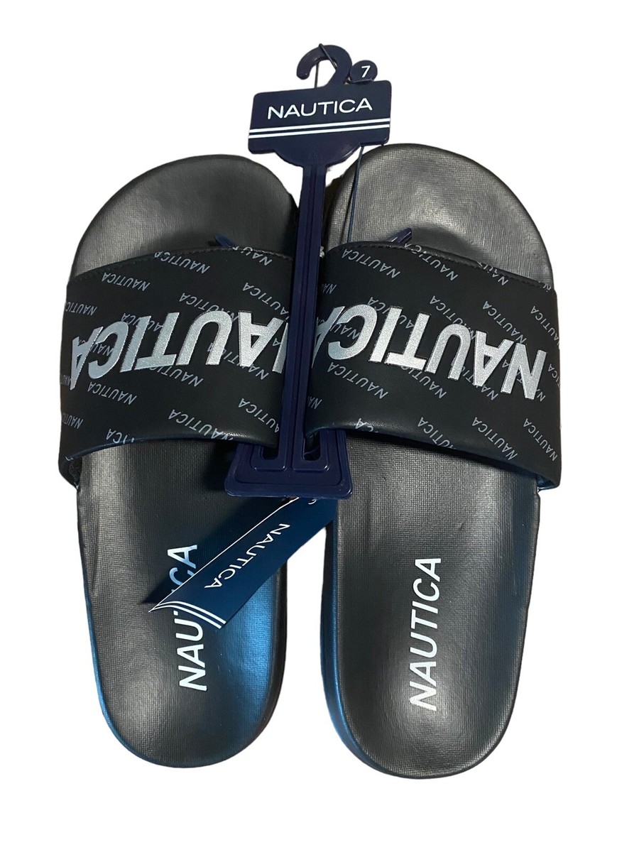 Nautica Womens Logo Embellished Black &Silver Logo Slide Sandal