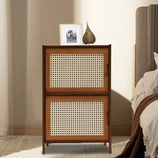 Nightstand With Decor Drawers Rattan Pattern End Table - Bamboo Sofa Side Table
