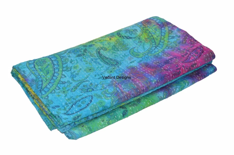 Indian Handmade Queen Cotton kantha Quilt Throw Blanket Tye Dye Bedspread Gudari - Image 3 of 4