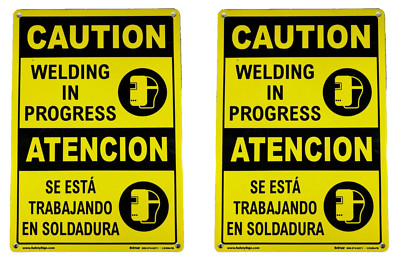 (2 PACK) ''WELDING IN PROGRESS'' SIGNS 10'' x 7'' ALUMINUM in ENGLISH and SPANISH