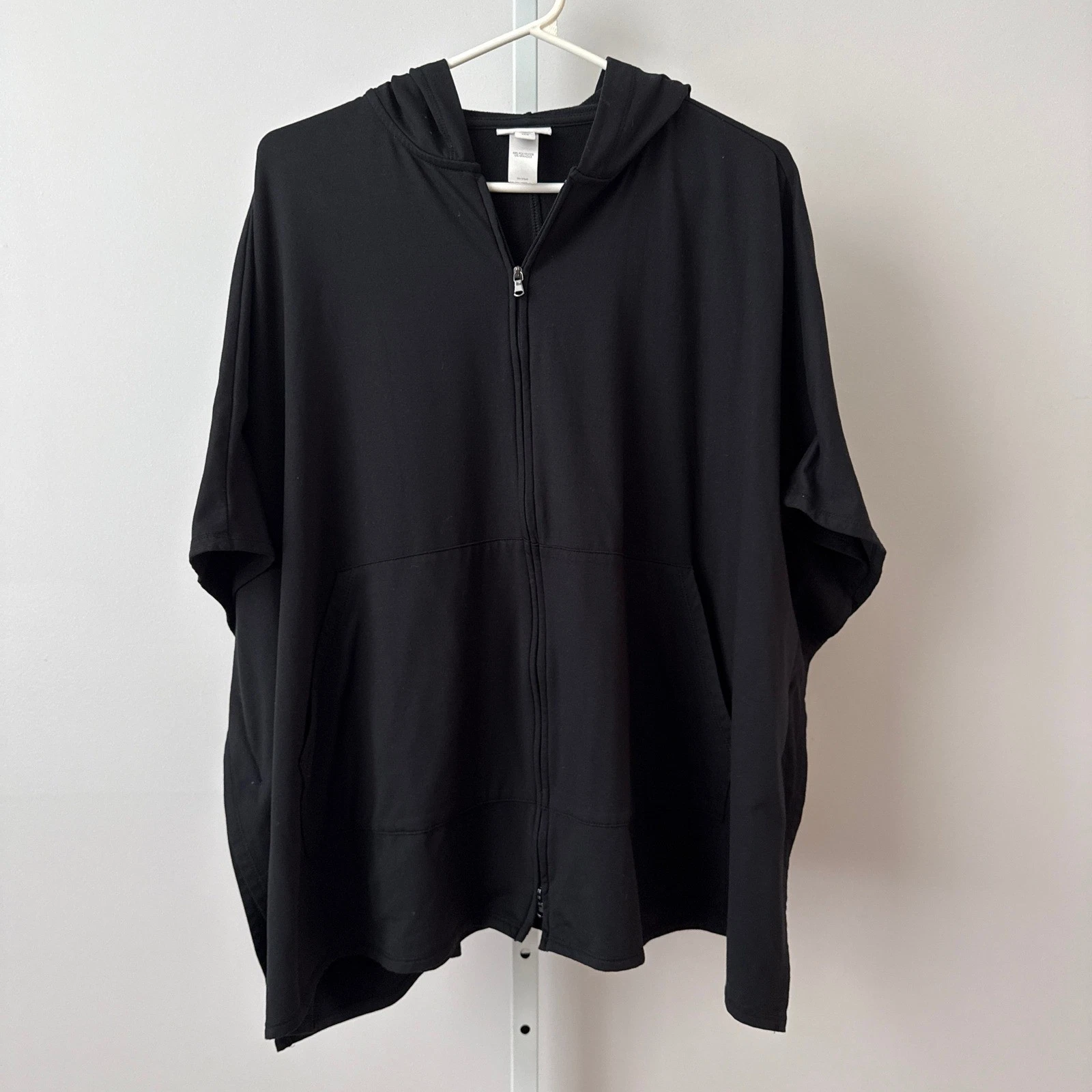J. Jill S Black Zip Hooded Poncho Cape Knit Wrap Jacket Goth Moody whi