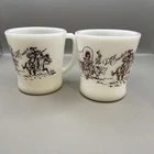 DAVY CROCKETT Brown/White Fire King Oven Ware Flare Mugs Milk Glass Vintage-1950