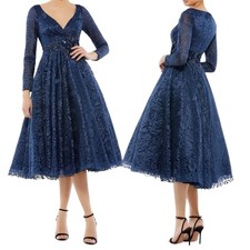 Mac Duggal Sz 14Lace Long Sleeve Fit & Flare Cocktail Dress blue 112181 $398 NEW