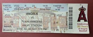 Los Angeles Angels Texas Rangers Baseball Ticket 7/20 2011 Hunter HR Murphy HR
