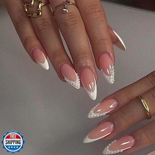 Foccna Press on Nails French Medium, Perłowa biel Sztuczne paznokcie Almon - Zdjęcie 1 z 5