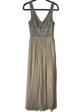 Anthropologie BHLDN Beige Sterling Gown Silver Beaded V-Neck Maxi Dress Size 4