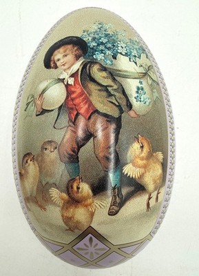 Metal East Egg Tin, Lavender Egg Victorian Illustration Boy With Eggs and Chicks