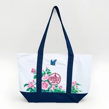 Hand-Painted Trader Joe’s Tote Bag – Pink Roses & Blue Butterfly - Washable