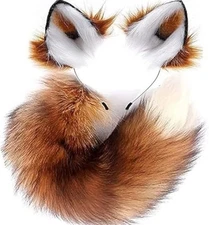 Fox Costume Fox Ears Therian Tail Set Cat Wolf Ears Fluffy Furry Tail Brown w...