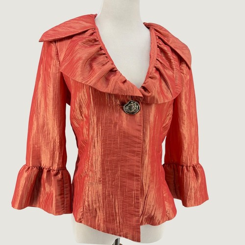 Dressy Jacket Iridescent Crinkle Ruffle Bell Sleeve Vintage Orange Small Evening