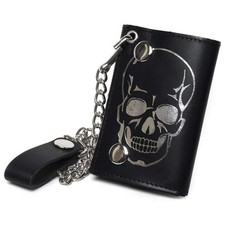 Leatherboss Genuine Leather Trifold Skull Biker Chain Wallet Credit Card Cash...