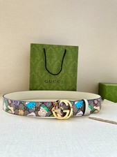 GG Beige Cartoon Print Gold Interlocking G Buckle Belt Size 90 - 3.8cm