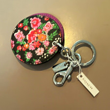 Coach Floral Print Round Mirror Key Chain Keyring w/ Logo Accent, Multicolor