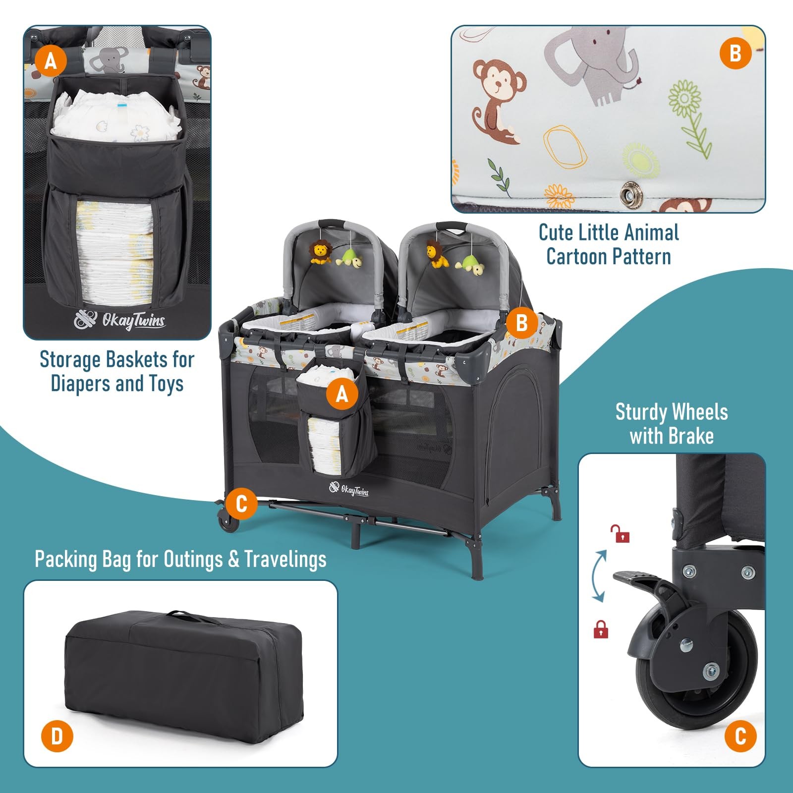 Twin Bassinet & Full-Size Infant Bassinet & Playard for Baby, Includes 2 Remo...