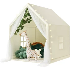 Kids Play Tent w/ Mat & Star Lights Toddler Indoor Playhouse Princess Tent Beige