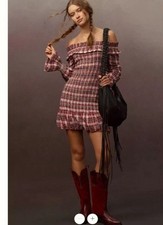 Anthropologie Smocked Off The Shoulder Plaid Longsleeve Mini Dress Large NEW