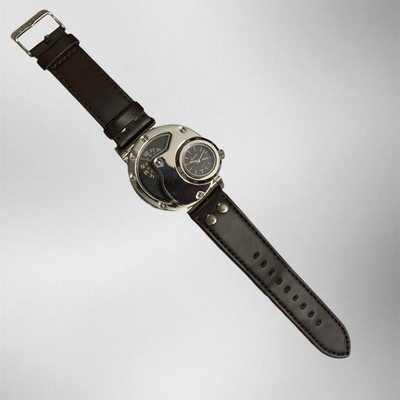 Oulm 9591 Quartz Dual Dial Asymmetrical Watch Date Black Dial Brown Leather