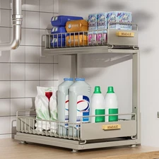 HOMEAILIE Under Sink Organizer, High Adjustable 2 Tier Under Kitchen Sink Org...