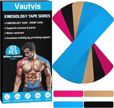 VAUTVIS Kinesio Tapes, 60 Kinesiologie Tapes Streifen Precut (25 X 5cm), Kinesiotapes,