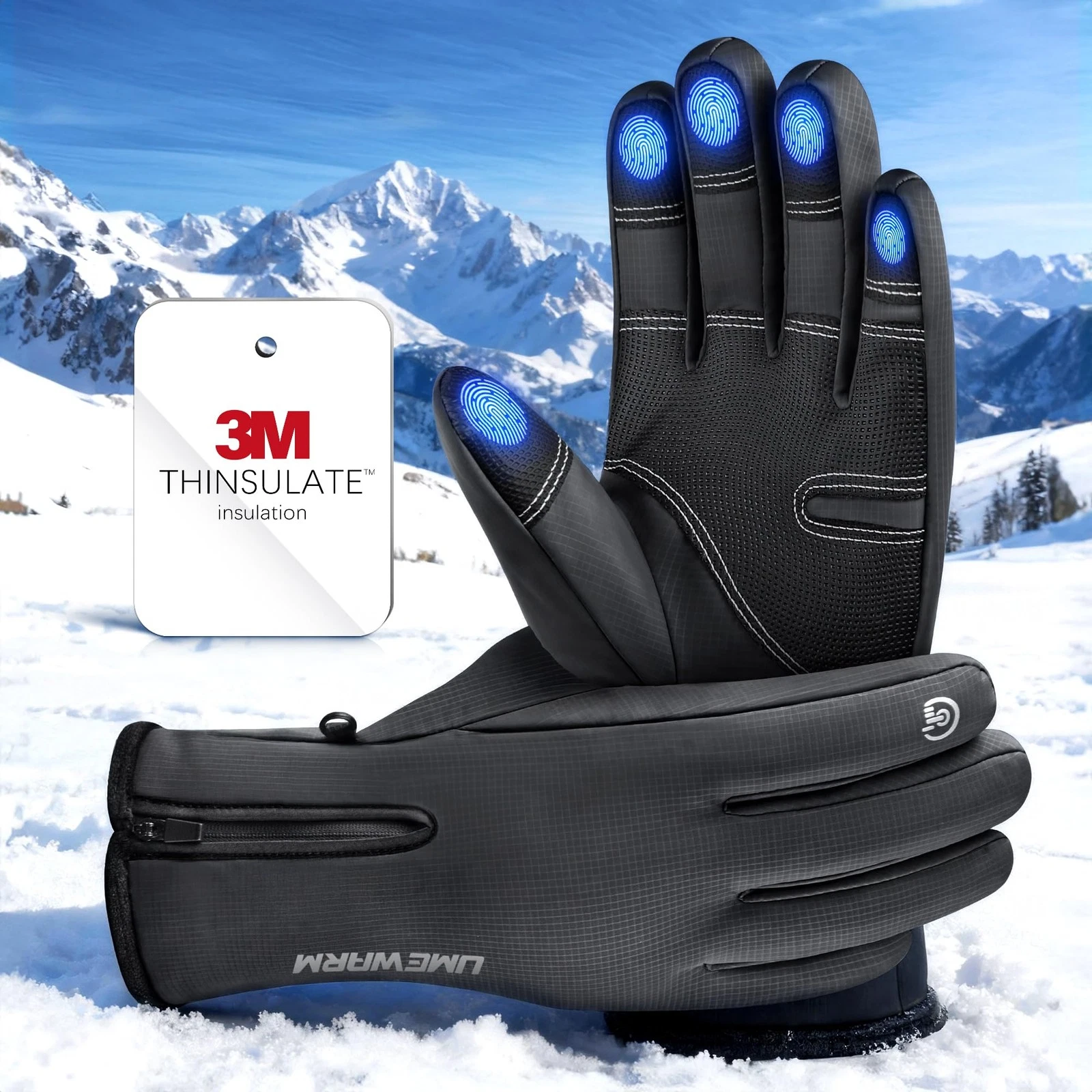 Winter Gloves Men Women Made with 3M Thinsalute, -20°F Large, Black