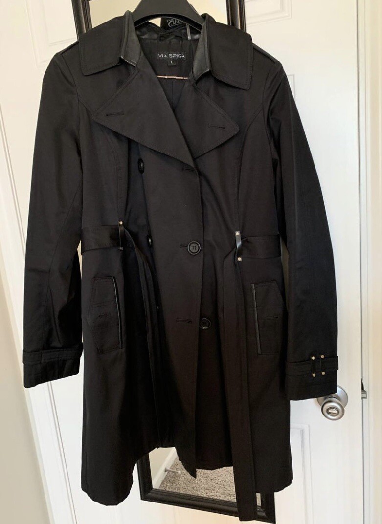 Via Spiga Black Belted Double Breasted Trench Coat Size L UK - Main Image