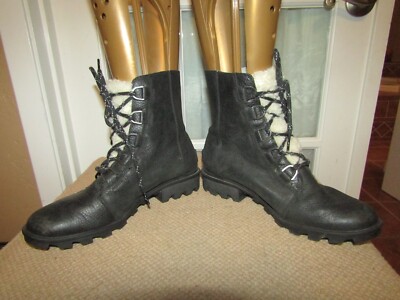 Sorel Phoenix Boots Women's Size 9 Black Leather Sheep lined lace up NL3415-010