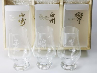 Suntory Yamazaki Hakushu Hibiki Glass Set of 3 with Wooden Box