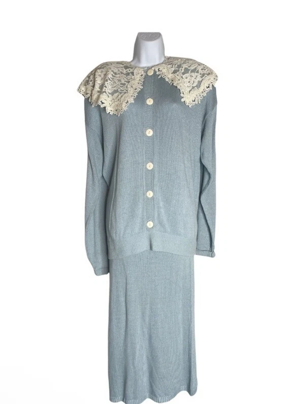 De Colección Jessica McClintock Azul Encaje Cuello Victoriano Coqueta Tejido Falda Top Conjunto L Foto 2 de 4