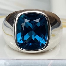 Heavy Silver Natural London Blue Topaz Ring Solid Silver 10X12 MM Cushion Cut