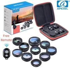 APEXEL 10in1 Phone Camera Lens Kit Fisheye WideAngle 2X Telescope Lens for Phone