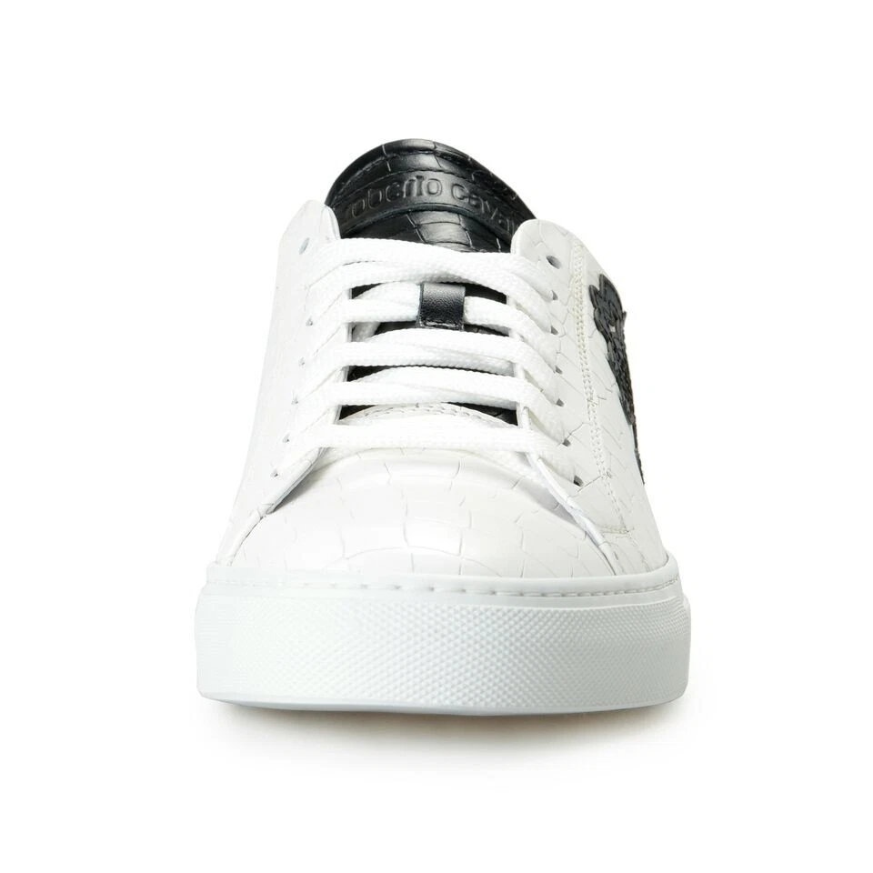 Roberto Cavalli Tenis Zapatos Para Hombre Blanco Cuero Texturizado Logo Estampado Moda Foto 3 de 4