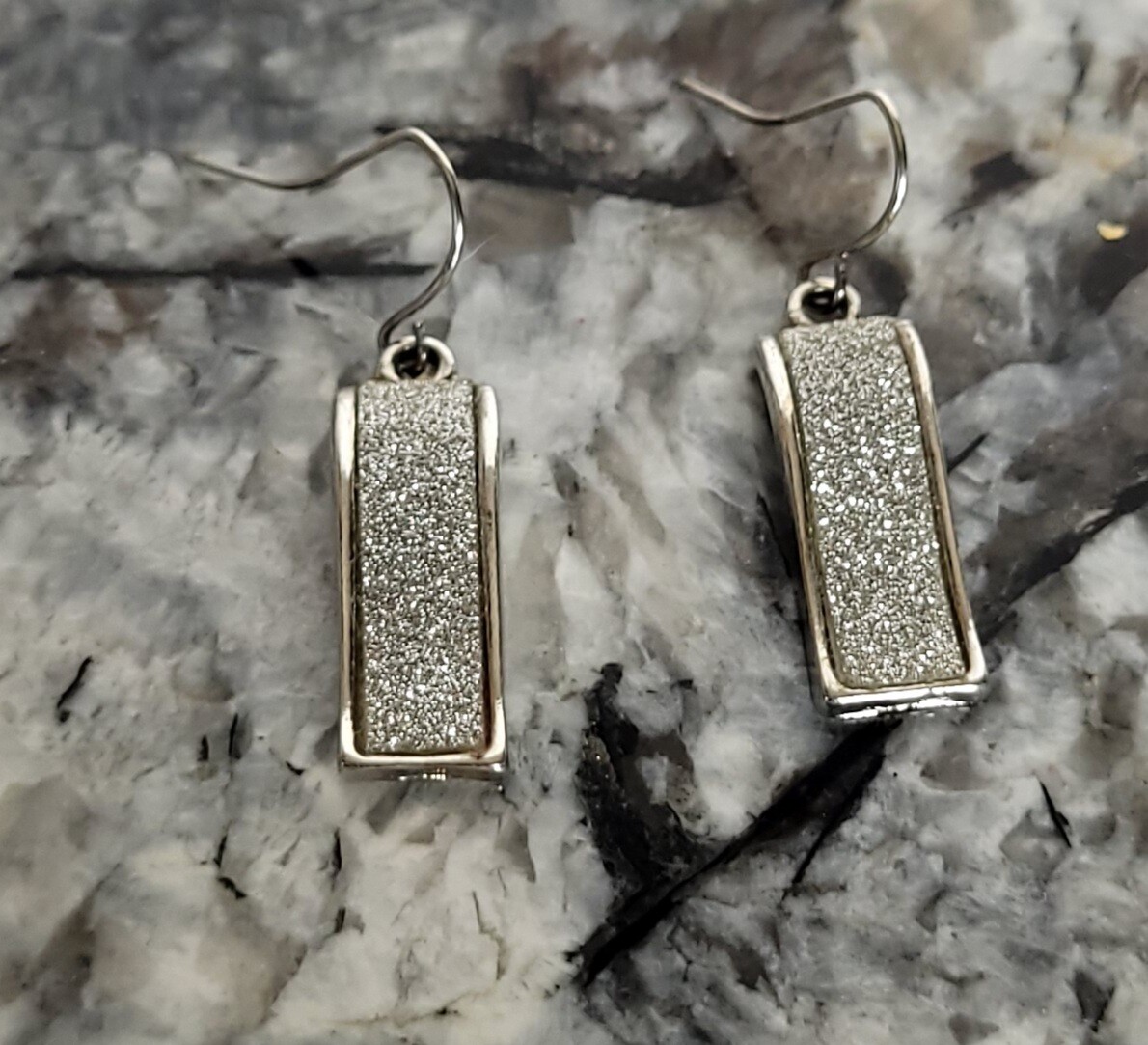 Silver Tone Rectangle Crystal Scrub Waved Dangle … - image 3